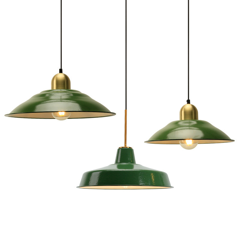 Enamel Green Shaded Suspension Lamp Retro Metal 1-Light Cafe Hanging Light Fixture