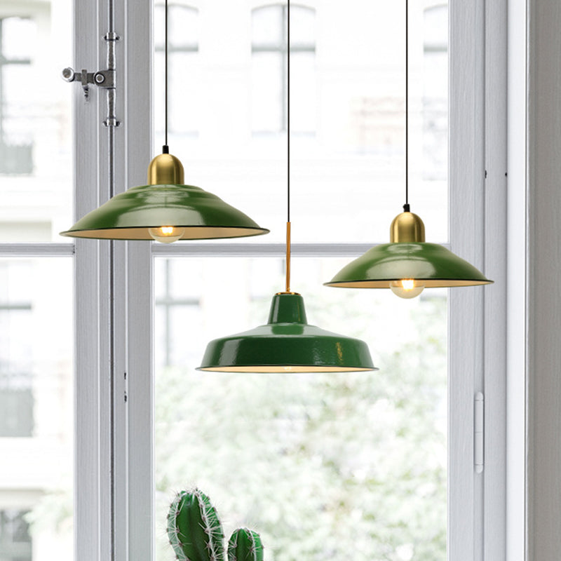 Enamel Green Shaded Suspension Lamp Retro Metal 1-Light Cafe Hanging Light Fixture