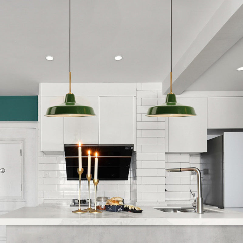 Enamel Green Shaded Suspension Lamp Retro Metal 1-Light Cafe Hanging Light Fixture