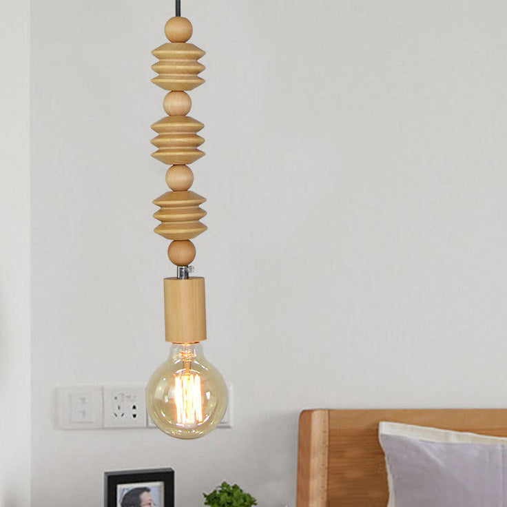 Spherical Bead Wood Hanging Lamp Lodge Style 1 Light Bedside Pendant Lighting with Bare Bulb, 12.5"/14" Height