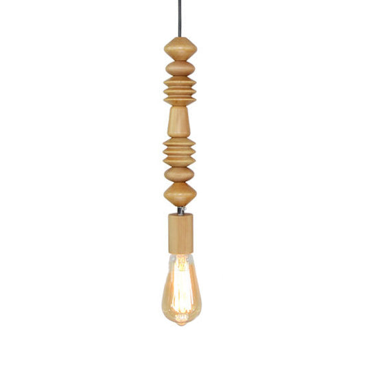 Spherical Bead Wood Hanging Lamp Lodge Style 1 Light Bedside Pendant Lighting with Bare Bulb, 12.5"/14" Height