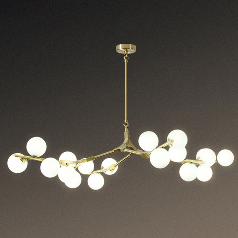 Tree Branch Suspension Light Minimalistic Metal Dining Room Chandelier with Ball White Glass Shade
