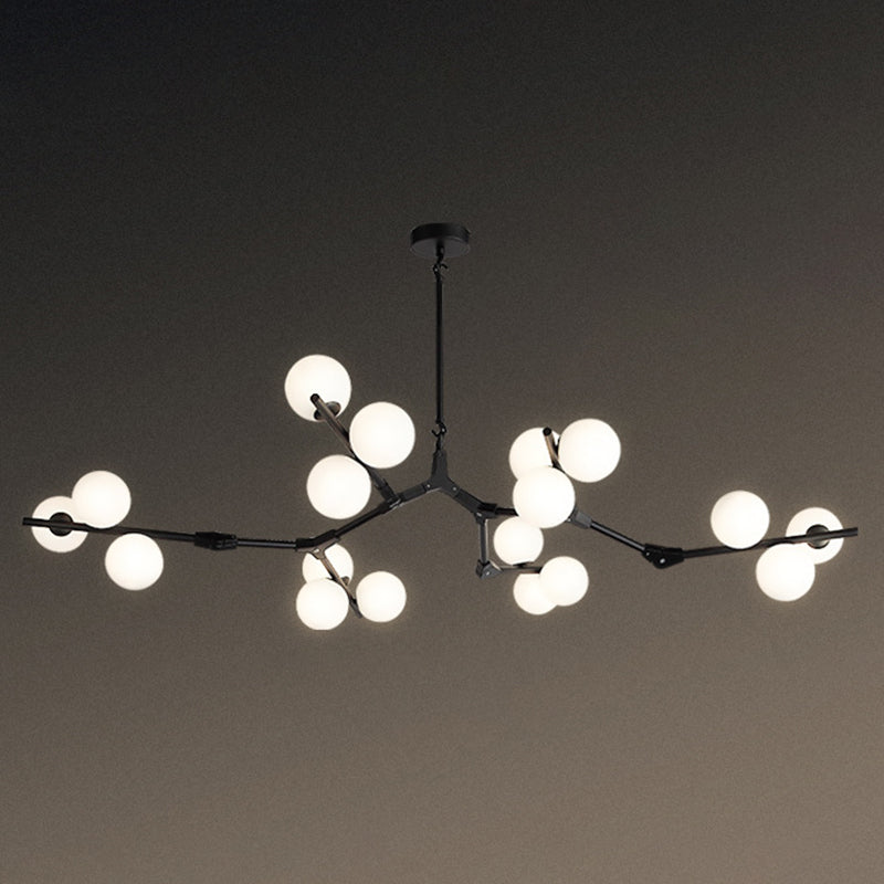 Tree Branch Suspension Light Minimalistic Metal Dining Room Chandelier with Ball White Glass Shade