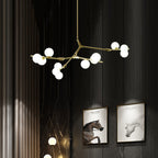 Tree Branch Suspension Light Minimalistic Metal Dining Room Chandelier with Ball White Glass Shade