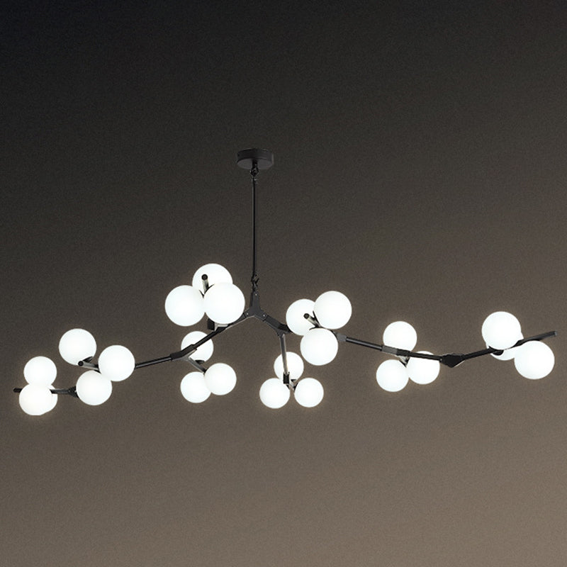 Tree Branch Suspension Light Minimalistic Metal Dining Room Chandelier with Ball White Glass Shade