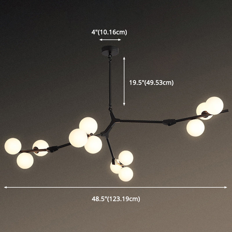 Tree Branch Suspension Light Minimalistic Metal Dining Room Chandelier with Ball White Glass Shade