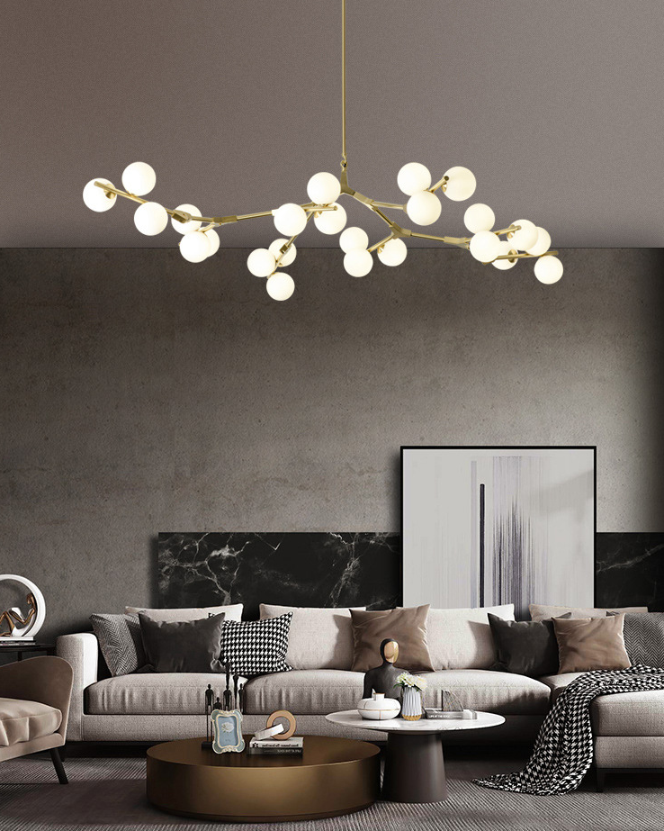 Tree Branch Suspension Light Minimalistic Metal Dining Room Chandelier with Ball White Glass Shade
