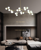 Tree Branch Suspension Light Minimalistic Metal Dining Room Chandelier with Ball White Glass Shade