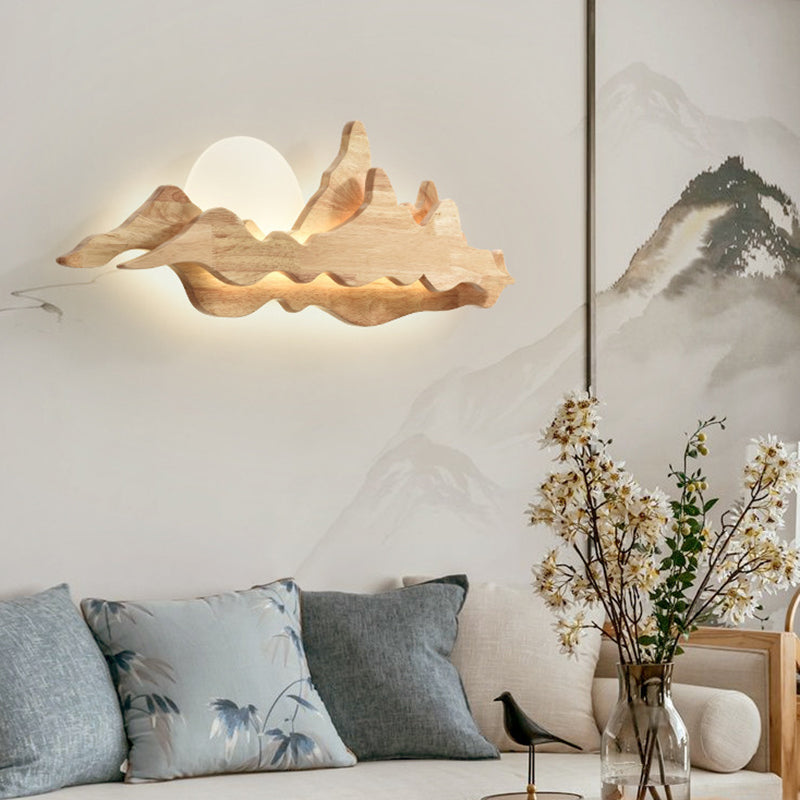 Chinese Style Wooden Wall Lighting Ideas Mountain and Moon Shape Sconce Light Fixture for Living Room