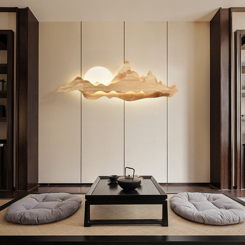 Chinese Style Wooden Wall Lighting Ideas Mountain and Moon Shape Sconce Light Fixture for Living Room