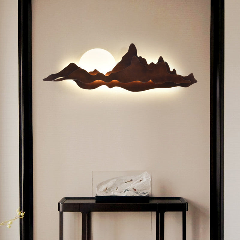 Chinese Style Wooden Wall Lighting Ideas Mountain and Moon Shape Sconce Light Fixture for Living Room