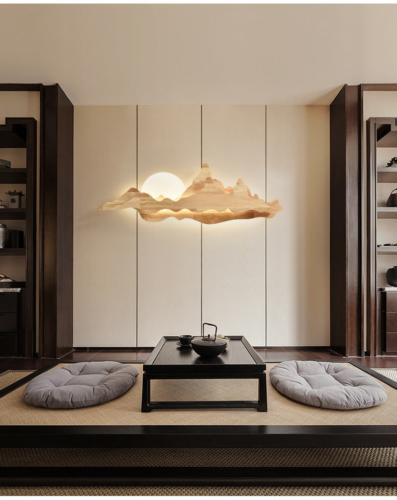 Chinese Style Wooden Wall Lighting Ideas Mountain and Moon Shape Sconce Light Fixture for Living Room