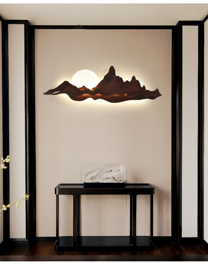 Chinese Style Wooden Wall Lighting Ideas Mountain and Moon Shape Sconce Light Fixture for Living Room