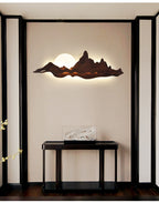 Chinese Style Wooden Wall Lighting Ideas Mountain and Moon Shape Sconce Light Fixture for Living Room