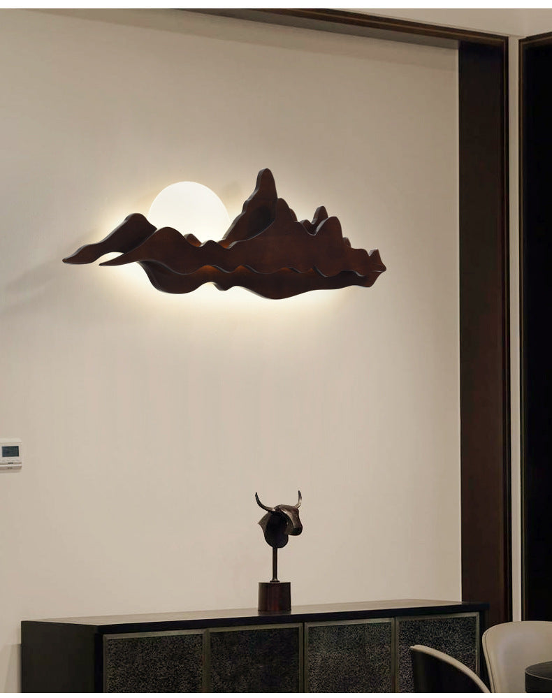 Chinese Style Wooden Wall Lighting Ideas Mountain and Moon Shape Sconce Light Fixture for Living Room