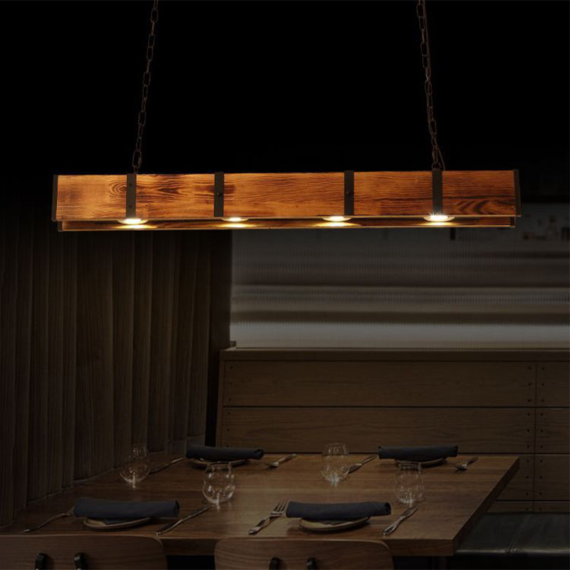 Rectangular Wooden Island Ceiling Light Industrial 4 Lights Brown Island Lamp with Metal Chain