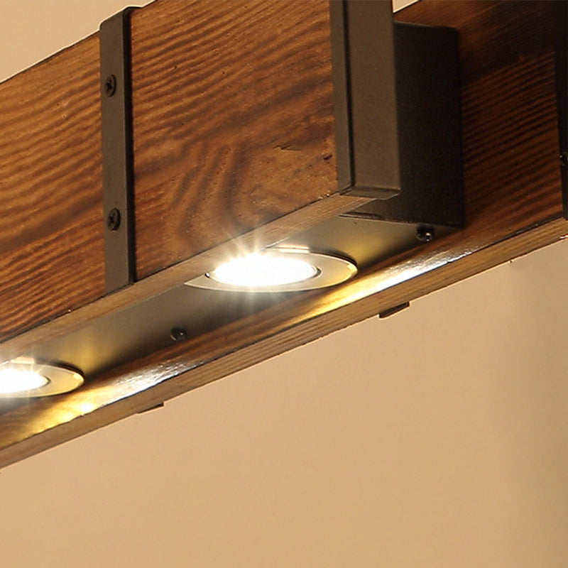 Rectangular Wooden Island Ceiling Light Industrial 4 Lights Brown Island Lamp with Metal Chain