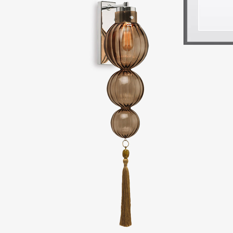 Brass/Chrome Finish Sphere Sconce Light Chinese Style 1 Bulb Clear/Amber/Light Blue Glass Wall Mount Lamp with Tassel Knot