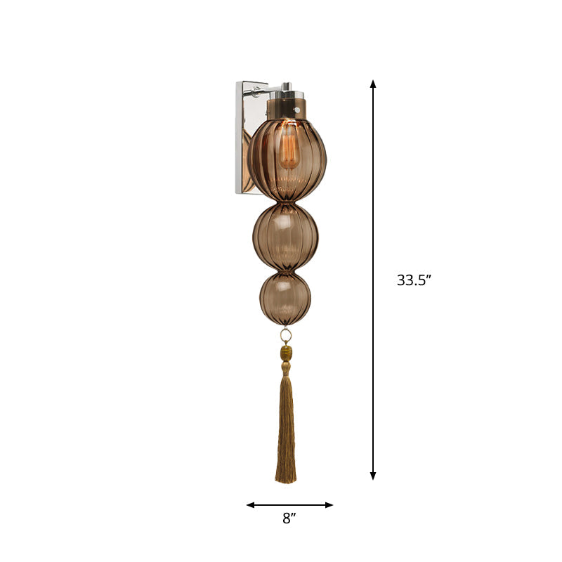 Brass/Chrome Finish Sphere Sconce Light Chinese Style 1 Bulb Clear/Amber/Light Blue Glass Wall Mount Lamp with Tassel Knot