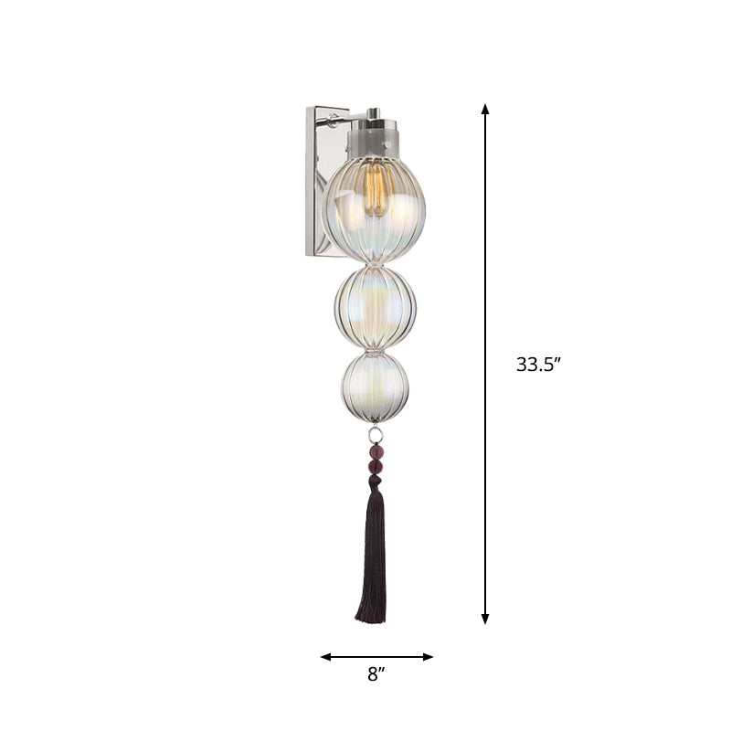 Brass/Chrome Finish Sphere Sconce Light Chinese Style 1 Bulb Clear/Amber/Light Blue Glass Wall Mount Lamp with Tassel Knot