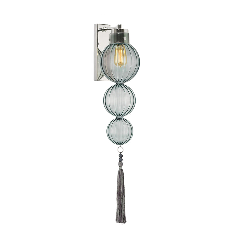 Brass/Chrome Finish Sphere Sconce Light Chinese Style 1 Bulb Clear/Amber/Light Blue Glass Wall Mount Lamp with Tassel Knot