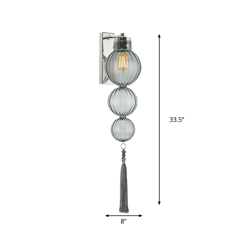 Brass/Chrome Finish Sphere Sconce Light Chinese Style 1 Bulb Clear/Amber/Light Blue Glass Wall Mount Lamp with Tassel Knot