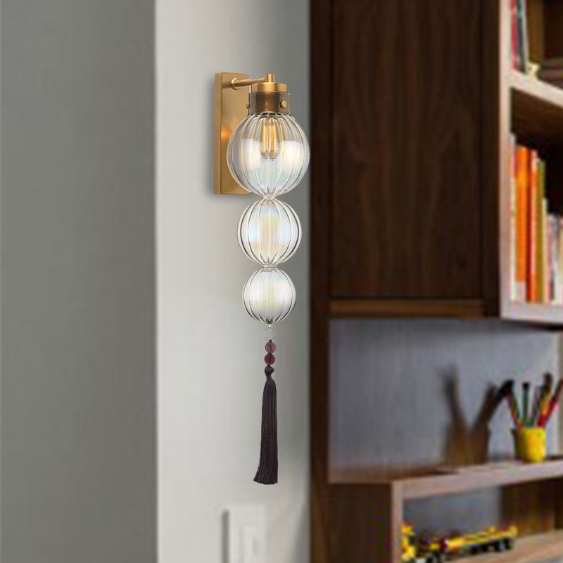 Brass/Chrome Finish Sphere Sconce Light Chinese Style 1 Bulb Clear/Amber/Light Blue Glass Wall Mount Lamp with Tassel Knot