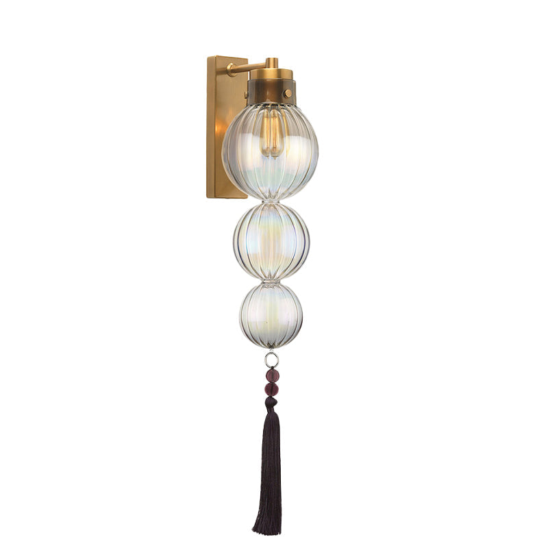 Brass/Chrome Finish Sphere Sconce Light Chinese Style 1 Bulb Clear/Amber/Light Blue Glass Wall Mount Lamp with Tassel Knot