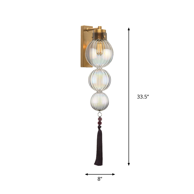 Brass/Chrome Finish Sphere Sconce Light Chinese Style 1 Bulb Clear/Amber/Light Blue Glass Wall Mount Lamp with Tassel Knot
