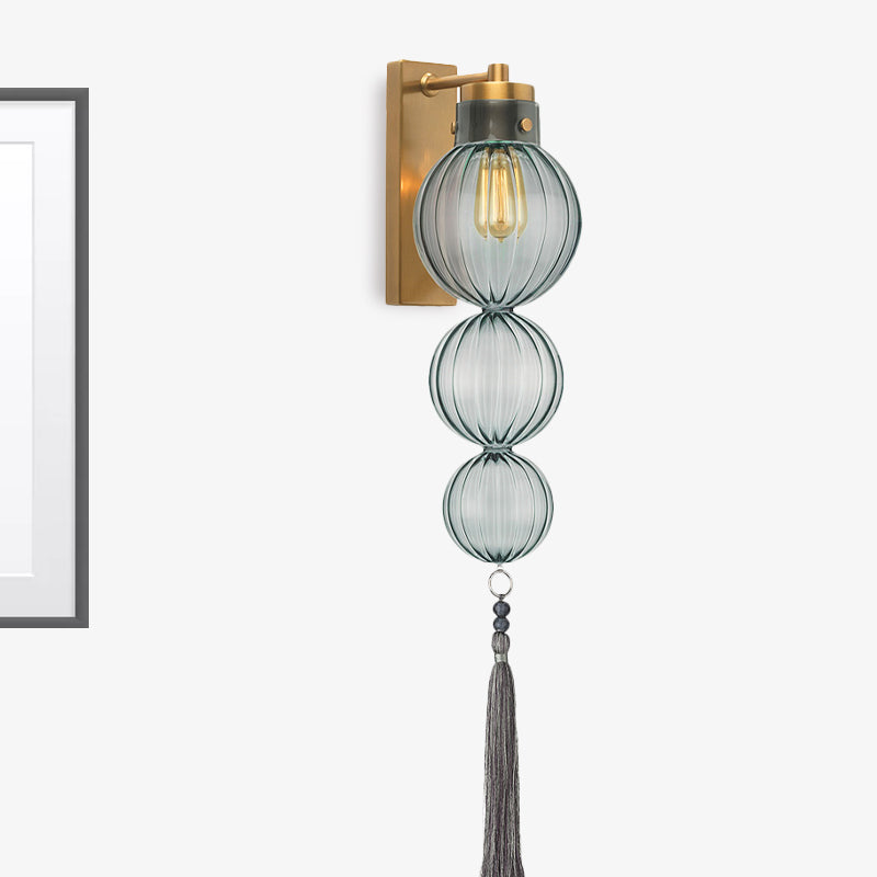 Brass/Chrome Finish Sphere Sconce Light Chinese Style 1 Bulb Clear/Amber/Light Blue Glass Wall Mount Lamp with Tassel Knot