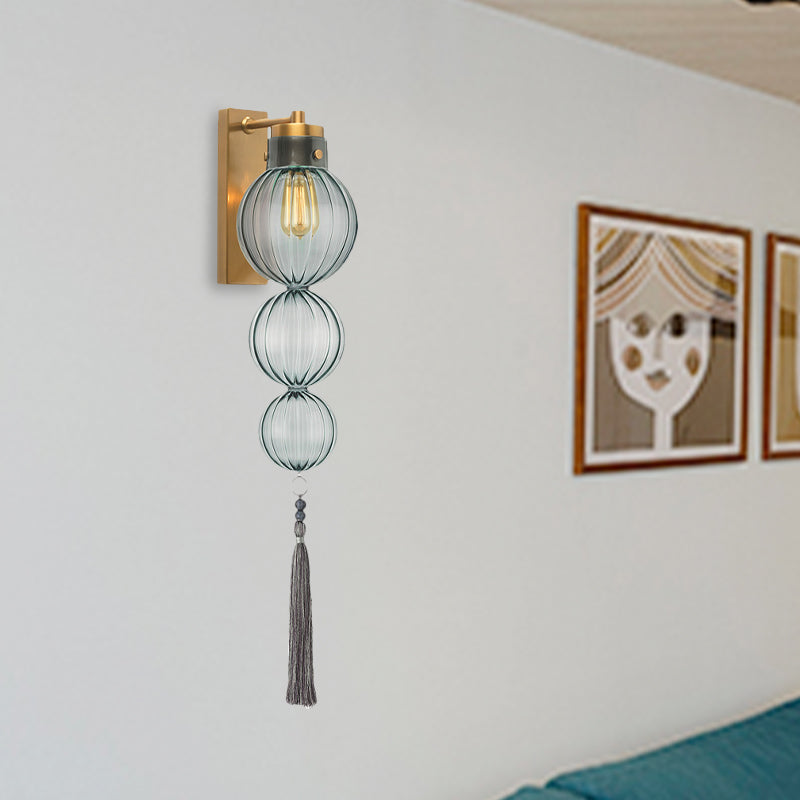 Brass/Chrome Finish Sphere Sconce Light Chinese Style 1 Bulb Clear/Amber/Light Blue Glass Wall Mount Lamp with Tassel Knot