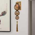 Brass/Chrome Finish Sphere Sconce Light Chinese Style 1 Bulb Clear/Amber/Light Blue Glass Wall Mount Lamp with Tassel Knot