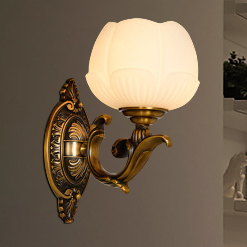 Lotus Shade Indoor Sconce Light Fixture Vintage White Glass and Metal 1 Light Brass Finish Wall Lamp