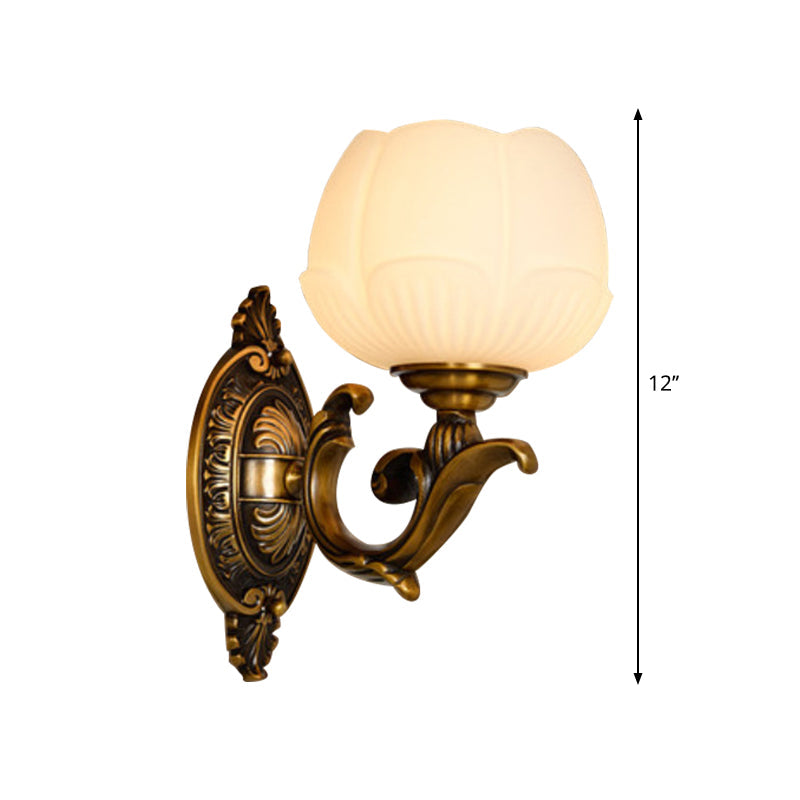 Lotus Shade Indoor Sconce Light Fixture Vintage White Glass and Metal 1 Light Brass Finish Wall Lamp