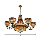 11/13 Lights Dining Room Pendant Chandelier Tiffany Brass Down Lighting with Dome Stained Glass Shade, 39"/47" Wide