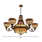 11/13 Lights Dining Room Pendant Chandelier Tiffany Brass Down Lighting with Dome Stained Glass Shade, 39"/47" Wide
