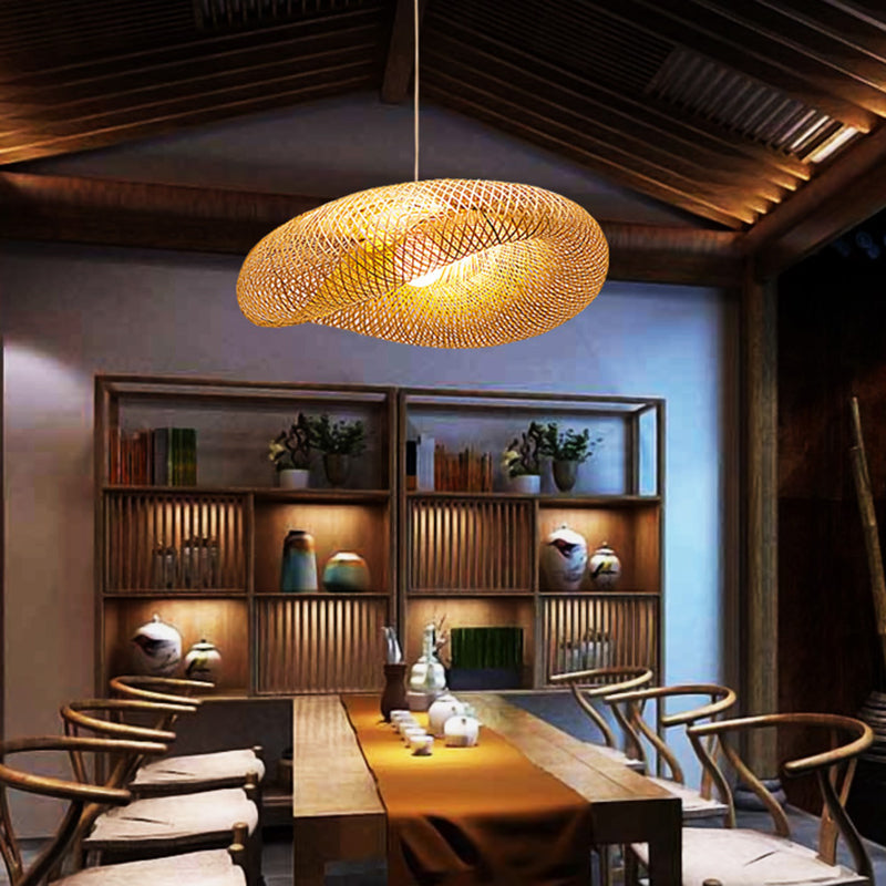 16"/19.5"/23.5" W Twist Pendant Lighting Contemporary Bamboo 1 Light Living Room Hanging Lamp in Beige