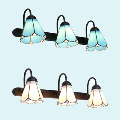 3 Heads Conical Wall Mount Light Tiffany White/Blue Glass Vanity Light Fixture for Bathroom