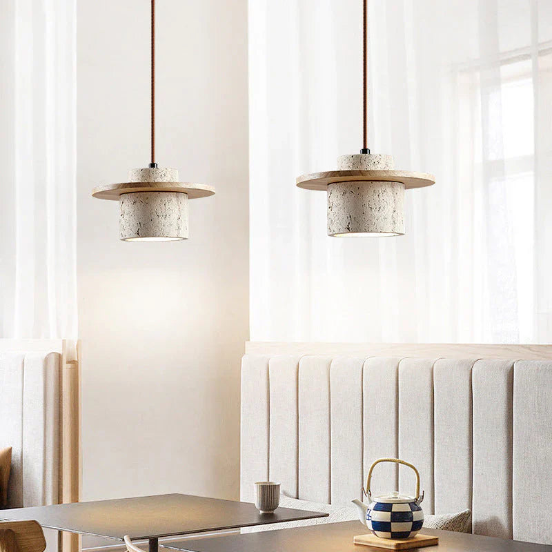 Modern Hanging Lamp Made of Stone and Wood