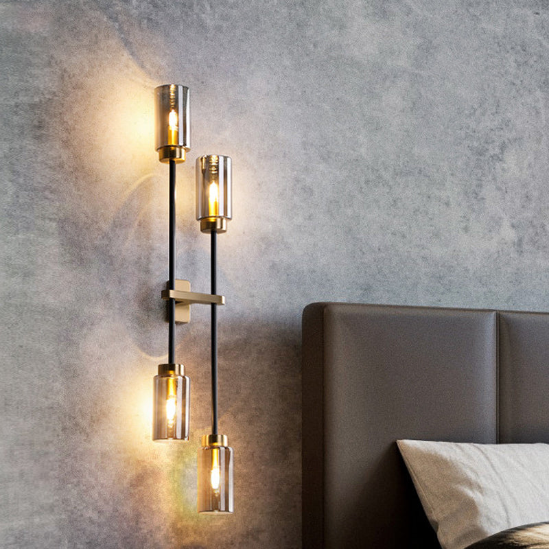 Modernist Cylinder Sconce Light Smoke Gray Glass 4 Heads Bedroom Wall Mounted Lamp