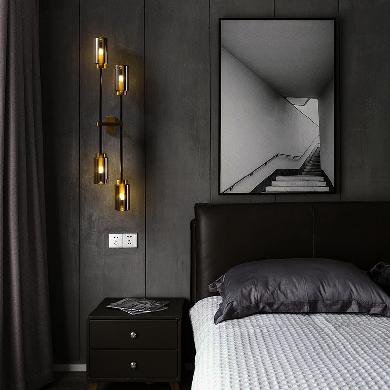 Modernist Cylinder Sconce Light Smoke Gray Glass 4 Heads Bedroom Wall Mounted Lamp