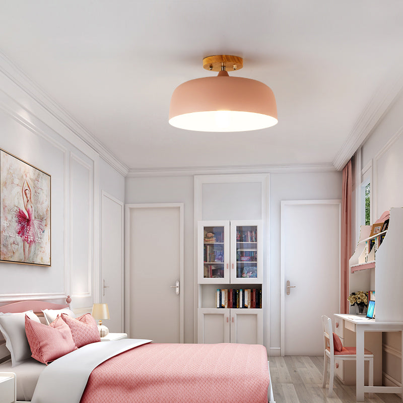 1 Light Gray/White/Pink/Green Ceiling Flush Mount Light with Drum Metal Lampshade Simple Semi-Flushmount Lamp