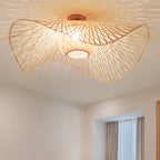 Bamboo Hand-Worked Semi-Flush Mount Japanese 2 Bulbs Close to Ceiling Lighting in Beige