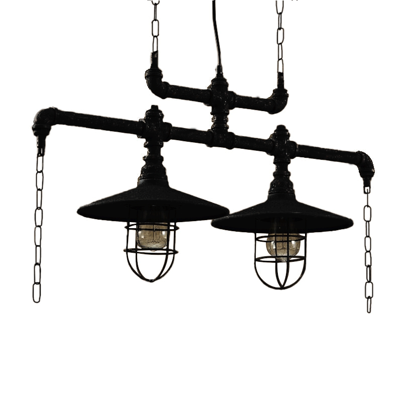 2/3 Heads Saucer Island Lighting Steampunk Black Iron Hanging Light Fixture with Cage and Chain Deco