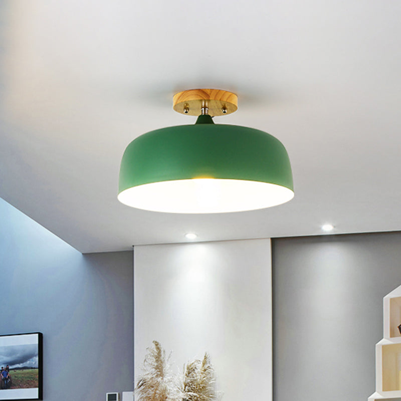 1 Light Gray/White/Pink/Green Ceiling Flush Mount Light with Drum Metal Lampshade Simple Semi-Flushmount Lamp