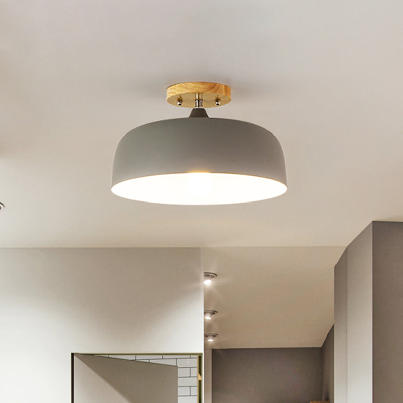1 Light Gray/White/Pink/Green Ceiling Flush Mount Light with Drum Metal Lampshade Simple Semi-Flushmount Lamp