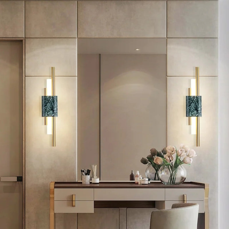 Drena Modern Linear Wall Sconce Marble. White/Green/Gold. Living Room