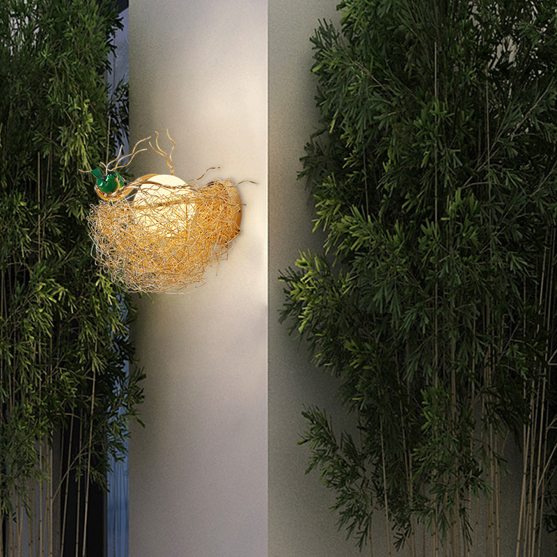 Opal Glass Globe Wall Sconce Light with Bird Nest Design Postmodern 1 Light Gold Wall Lamp, 14"/15" Wide