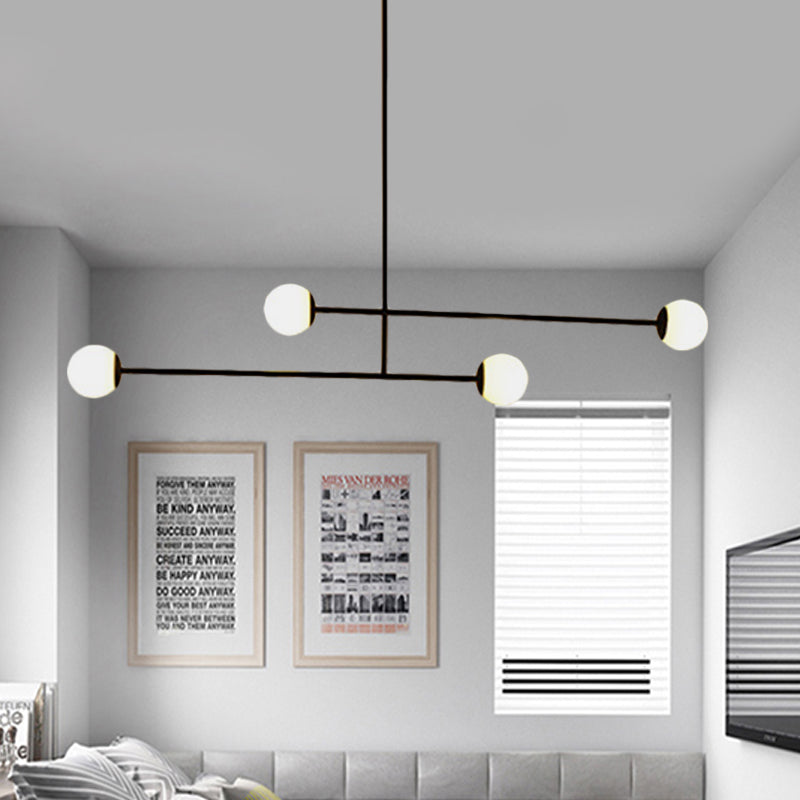 Black Linear Chandelier Light Modern Style 4 Heads Metal Pendant Lamp with Ball Glass Shade for Dining Room