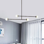 Black Linear Chandelier Light Modern Style 4 Heads Metal Pendant Lamp with Ball Glass Shade for Dining Room